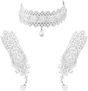 Lobster Clasp White Choker Necklace and Bracelet Set with Rhinestone Accents - Gothic Vintage Lace Design for Women - Punk Party, Lolita Retro Gear Flower Bridal Accessory