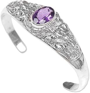 NOVICA Artisan Handmade Amethyst Cuff Bracelet Sterling Silver Wild Cat Indonesia [17.25 in min L x 19.5 in max L 2 mm W Pendant(s) 0.3 in L x 1.6 in W] ' Amethyst Tigers'