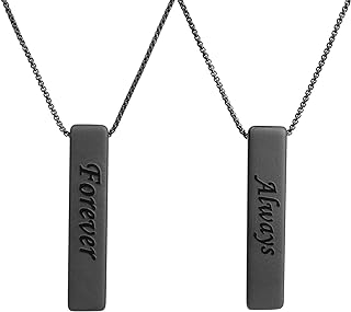 Stainless Steel Box Chain Couple Pendant Necklace with Forever & Always Bar Obsidian Stone for Couples, Polished Design