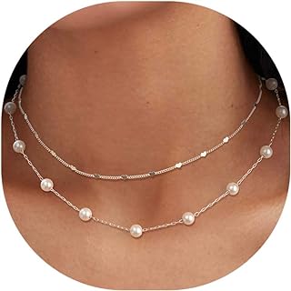 Silver Pearl Necklaces for Women,14k Gold Plated Dainty Pearl Y Chain Pendant Necklace,Layered Trendy Gold Snake Herringbone Choker Necklace,Cute Cross Rope Evil Eye Paperclip Jewelry Gifts