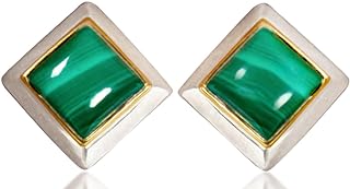 SARKISSIAN Natural Green Malachite and Larimar Diamond-Shaped Laconic Sterling Silver Earrings