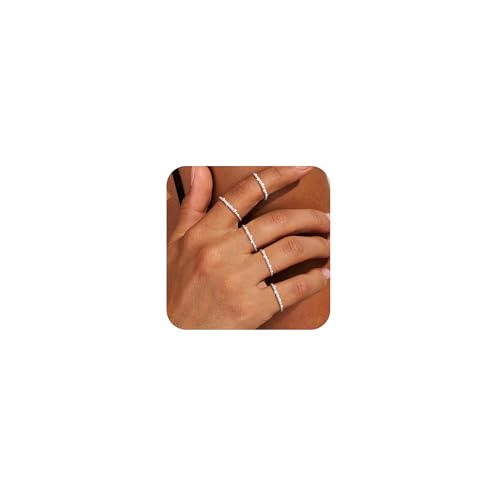 Sterling Silver Rings for Women Girl, Dainty Simple Waterproof Stackable Ring Set Thin Sparkling Finger Ring for Women Non Tarnish Trendy Statement Rings Wedding Bands Silver Jewelry Size 5-10