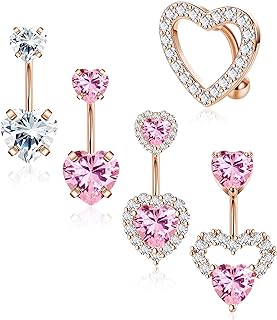 5Pcs 14G Surgical Steel Pink Heart Belly Button Rings for Women Girls Cute Belly Rings CZ Navel Ring Heart Belly Piercing Jewelry