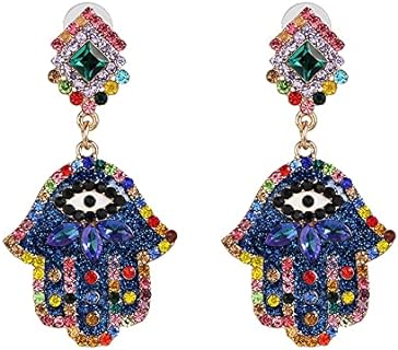 Push Back Cubic Zirconia Evil Eye Dangle Earrings with Crystal Hamsa Hand of Fatima Design for Women and Girls - Colorful and Lightweight Boho Style Jewelry