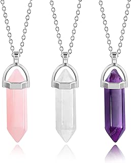 KISSPAT 3PCS Healing Crystals Necklace, Bullet Quartz Stone Pointed Hexagonal Pendants Necklace Real Crystal Necklaces for women