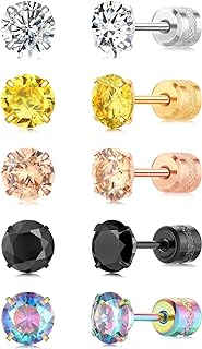 Unisex Rainbow Cubic Zirconia Stud Earrings Set - 5 Pairs Multicolored Stainless Steel Hypoallergenic Screw Back Earrings for Everyday Wear & Special Occasions