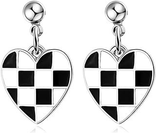 MIGUO STORE Fashion Chic Temperament Simple Black White Heart-Shaped Stud Earrings Checker Board Dripping Oil Earrings for Women Girls Gift