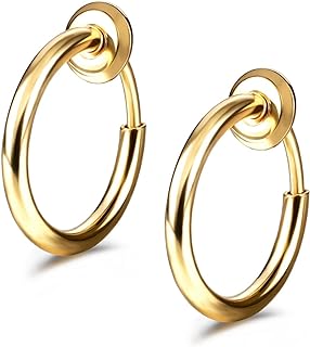 JEWELRIESHOP Retractable Earrings Fake Hoop Fake Nose Ring Non Pierced Earrings Fake Cartilage Piercing Clip On Nose Ring Septum Ring for Women (1 Pair, Black/Silver/Gold/White)