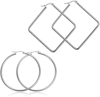 Women's 2 Pairs Lightweight Surgical Stainless Steel Hoop Earrings Set 50mm 35mm Diameter