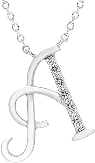 Diamond-Embellished Initial Pendant Necklace with Adjustable Cable Chain, Crafted in Rhodium-Plated Silver for Women - Elegant Design with Lobster-Claw Clasp , White-Diamond Accent