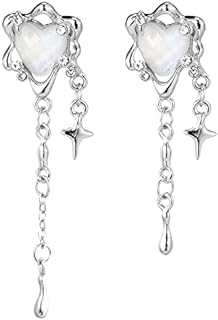 Moonstone Heart Stainless Steel Earrings For Women Teen Girls Tassel Silver Star Dangle Earrings Dangling Y2k Earinging Earrings