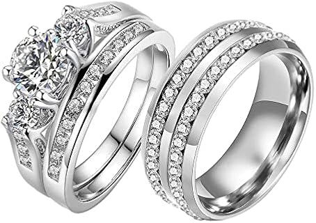 Cherished Agate LOVERSRING Couple Wedding Ring Set with Stainless Steel Design - His and Hers White Gold Plated Bridal Band Set