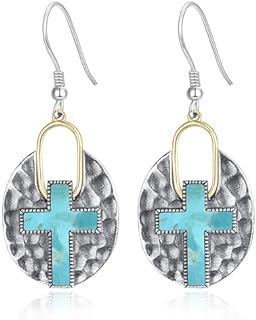 Women's Fleur De Lis Turquoise Dangle Cross Earrings with French Wire Back and Sterling Silver Material, Handmade Vintage Design - Perfect Birthdays or Valentine's Day Gifts