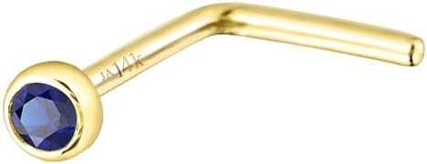 Jewelry Avalanche Solid 14K Gold L-Shape Stud Bezel Set Blue Sapphire 22G L-Bend Nose Stud - 14K White Gold / 14K Yellow Gold September Birthstone Nose Ring Stud