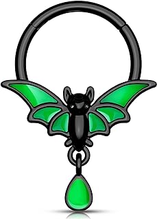 Spooky 316L Stainless Steel Bat Nose Ring, Blue-Gemmed Black Septum Clicker for Women, Piercing Jewelry for Septum/Daith/Helix, Safe for Sensitive Skin, Perfect Halloween Accessory