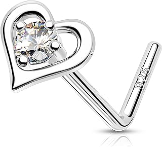 MeIighting 925 Sterling Silver Heart Nose Stud L Shaped Star Nose Ring 20G Solid Silver Nose Piercing Jewelry Clear CZ for Women Men Nostril Piercing