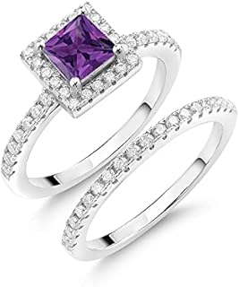 Gem Stone King 925 Sterling Silver Purple Amethyst and Moissanite Women Wedding Engagement Ring Band Bridal Set (1.21 Cttw, Princess Cut 5MM, Available in size 5, 6, 7, 8, 9)