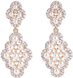 BriLove Women's Wedding Bridal Rhombus Crystal Simulated Pearl Hollow Chandelier Dangle Earrings Clear