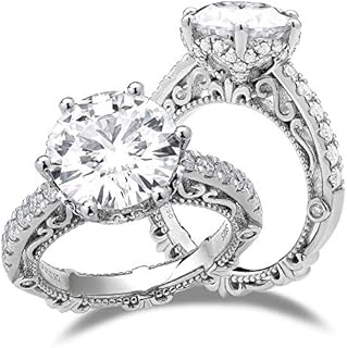 DovEggs Center 5ct Center 11mm G-H-I Color Heart Arrows Cut Vintage/Antique Moissanite Engagement Ring 14k Gold Quality Sterling Silver Wedding Ring for Women with Accents Band Width 3.4mm