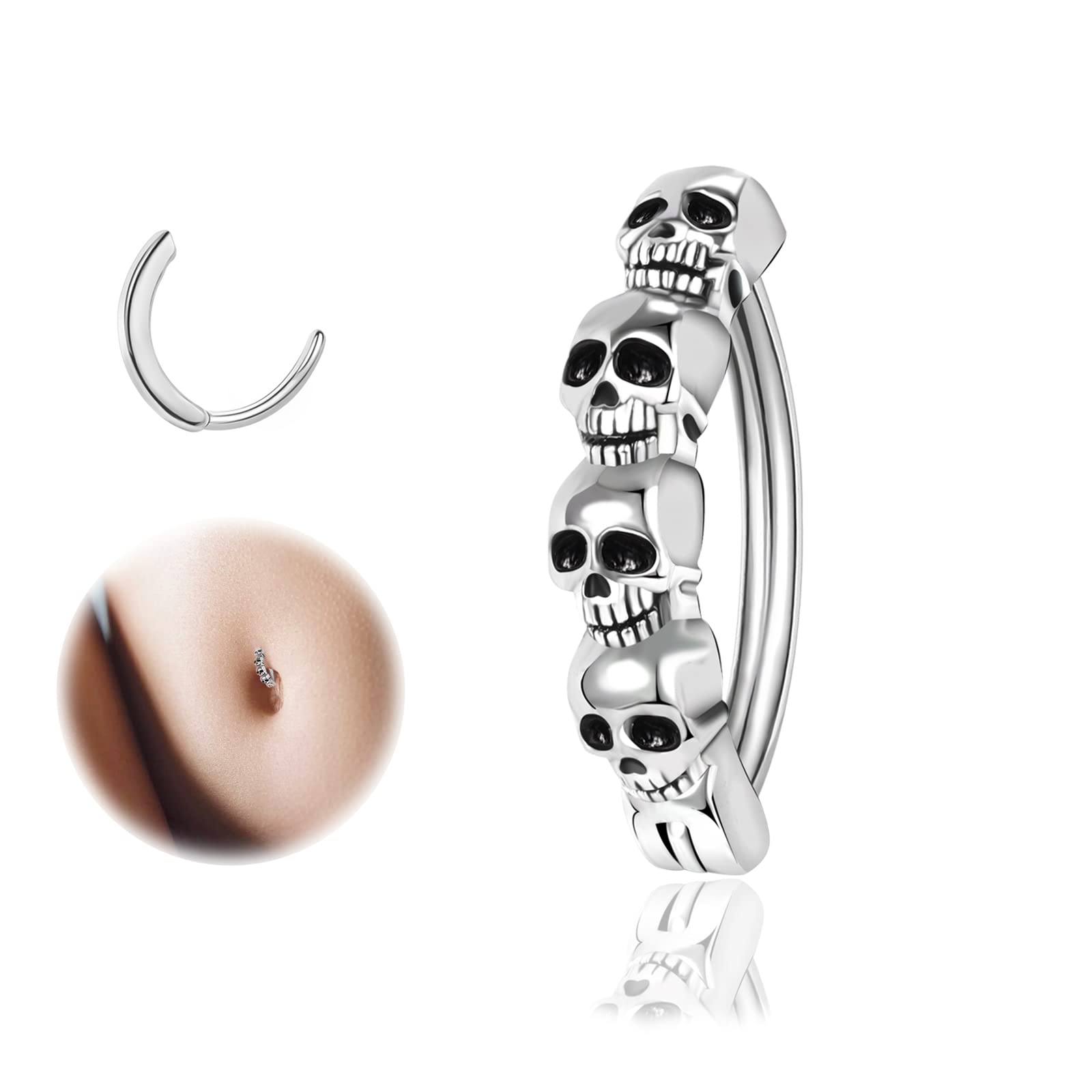 ZS 14G Skull Clicker Belly Button Rings for Women, 925 Sterling Silver Punk Belly Barbell Piercing Reverse Curved Navel Barbell Body Jewelry
