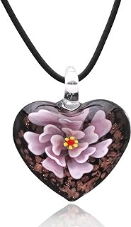 Hypoallergenic Handmade Murano Glass Pink Flower Heart Pendant with Lobster Clasp on Cord for Women - Artisan Blown Glass Necklace