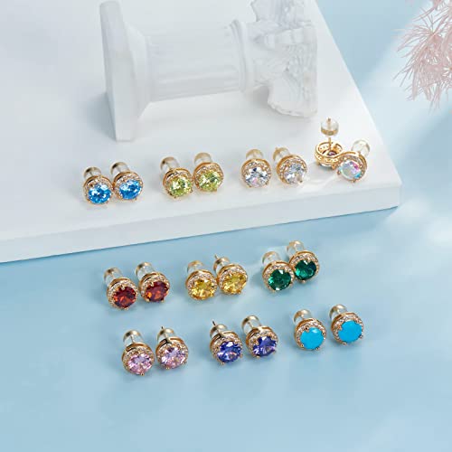 Stud Earrings For Women Men 2 Pairs Sterling Silver Post Gold Plated Round Princess Cut Multcolors Cubic Zirconia CZ Birthstone Jewelry Gifts weinuo