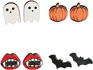 4 Pairs Cute Halloween Ghost Pumpkin Bat Stud Earrings Bulk Vampire Teeth Handmade Wooden Printed for Women Girls Funny Party Festival Costume Jewelry