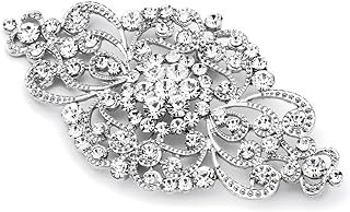 Mariell Vintage Bridal Crystal Brooch Pin, 4" Wide, Antique Silver Wedding Pin, Rhinestone Brooch for Brides and Wedding, Art Deco Fashion Accessory