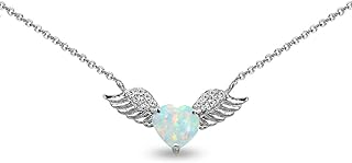 Opal Angel Wing Pendant Necklace, Sterling Silver Rolo Chain with Spring Ring Clasp, Heart Shaped Gem Design for Women