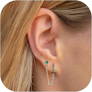 LOLIAS Boucles d'oreilles pendantes en argent avec Huggie CZ et chaîne, 10 mm et 3 mm, plaque or 14 carats. Idéal pour les femmes avec 2 piercings. Pour toutes les occasions spéciales