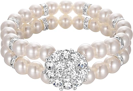 No-Clasp Simulated Pearl Bangle Bracelet with a Strand Chain for Women, Vintage Double Row Design