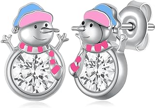 925 Sterling Silver Christmas Inspired Stud Earrings with Cubic Zirconia for Women and Girls - Captivating Snowman, Snowflake, and Christmas Tree Designs