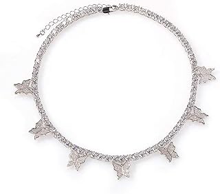 Spring Ring Clasp Byzantine Chain Butterfly Choker Necklace with Cubic Zirconia Inlays for Women - Silver Tone & Brass