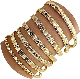 14K Gold Plated Cubic Zirconia Bangle Bracelets for Women, Multi-layer Stackable Design, Non-Tarnish Boho Style in Durable Zinc Material - Ideal These Textured IFKM Bracelets for Glamorous Gifting