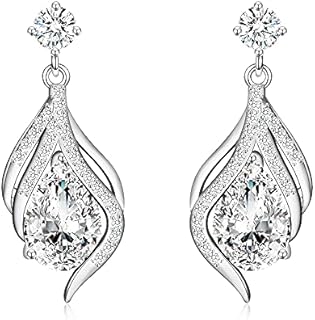 Cubic Zirconia Clasp Dangle Earrings – Women's 14k Gold Plated Sterling Silver Post Teardrop Design for Everyday, Weddings, Proms and Anniversaries
