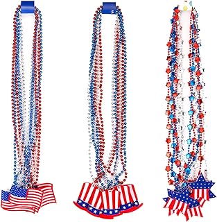 Whaline 4th of July Bead Necklaces Patriotic Metallic Beaded Necklaces with USA Hat American Flag and Star Pendants for Independence Day Memorial Day Sport Event Party Favors, 18Pcs