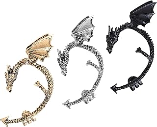 3Pcs Gothic Punk Retro Metal Flying Dragon Bat Wing Ear Cuff Clip Earrings Ancient Silver Gun Black Bronze Animal Wrap Clip Earrings for Women Girls Boys Halloween Party Unique Accessories Jewelry