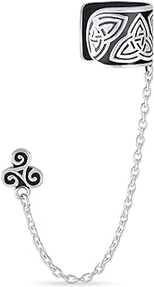 Unisex Sterling Silver Ear Cuff with Chain, Celtic Viking Scroll Design, Push Back Stud Earring for Women, Teens and Men
