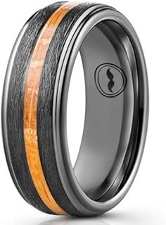 Men's Tungsten Carbide Wedding Band - Premium Grade Brushed Ring for Men (Black with Whiskey Barrel Wood Inlay) - Includes Silicon Band, Leather Drawstring Pouch, & Luxury Walnut Ring Box