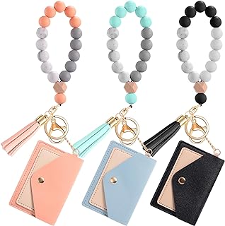 3-Piece Set: Silicone Bead Wristlet Keychain Bracelets with Tassel & Wallet Key Rings - Essential Oil Diffuser, Travel and Shopping Accessory