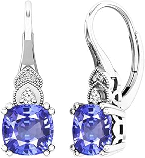 Lever Back Tanzanite Hoop Earrings in 10K White Gold, 8 MM Each Cushion Diamond Halo Design - Ideal for Women Seeking Elegance