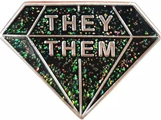 They Them Gender Pronouns Enamel Pin Brooch, Green Glitter Diamond Shape Lapel Pin, 1 Inch Wide
