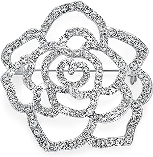 Large Fashion Statement Sparkling Party Rose Flower Shape Open Pave Crystal Wedding Brooch Scarf Pin For Women Silver Tone Rhodium Plated