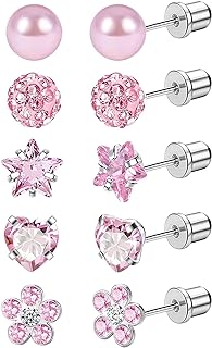 MJust 5 Pairs Titanium Screw Back Earrings for Girls Women Hypoallergenic ScrewBack Earrings for Sensitive Ears Pearl Heart Star Flower CZ 20G Pure Titanium Earrings Studs