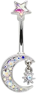 14G 7/16" Crystal Moon Pendant Belly Button Rings with Hanging Star Barbell Body Piercing Jewelry Women