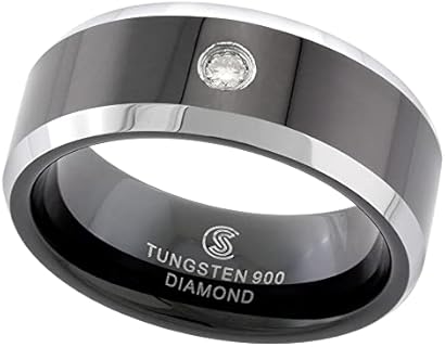 8mm Black Tungsten 900 Diamond Wedding Ring 0.07 cttw Two-tone Beveled Edges Comfort fit, sizes 8 to 13