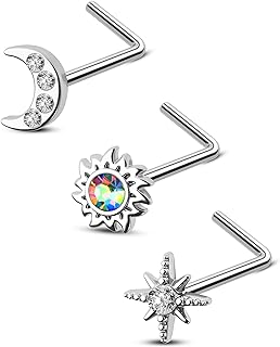 CM Crareesi Mania 3PCS Nose Rings Pack 316L Stainless Steel Nose Ring Studs 20G Nose Piercing Jewelry L Bend Nose Stud for Women Moon Nose Ring