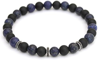 Studded Accent Stopper Bracelet combined with two energy stones, Lapis Lazuli and matte Black Onyx, in 8mm size| Stoppers are made in 925 Sterling Silver with antique work