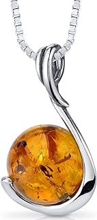 PEORA Genuine Baltic Amber Pendant Necklace for Women 925 Sterling Silver, Rich Cognac Color Solitaire Ball with 18 inch Chain