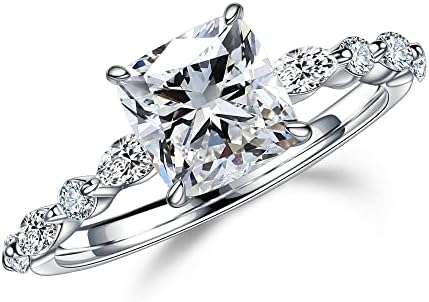 MOOSEA 1.5ct Cushion Moissanite Rings for Women, D Color VVS1 Clarity Lab Created Diamond Rings 14K White Yellow Rose Gold Vermeil Marquise and Round Side Stone Moissanite Engagement Rings for Women